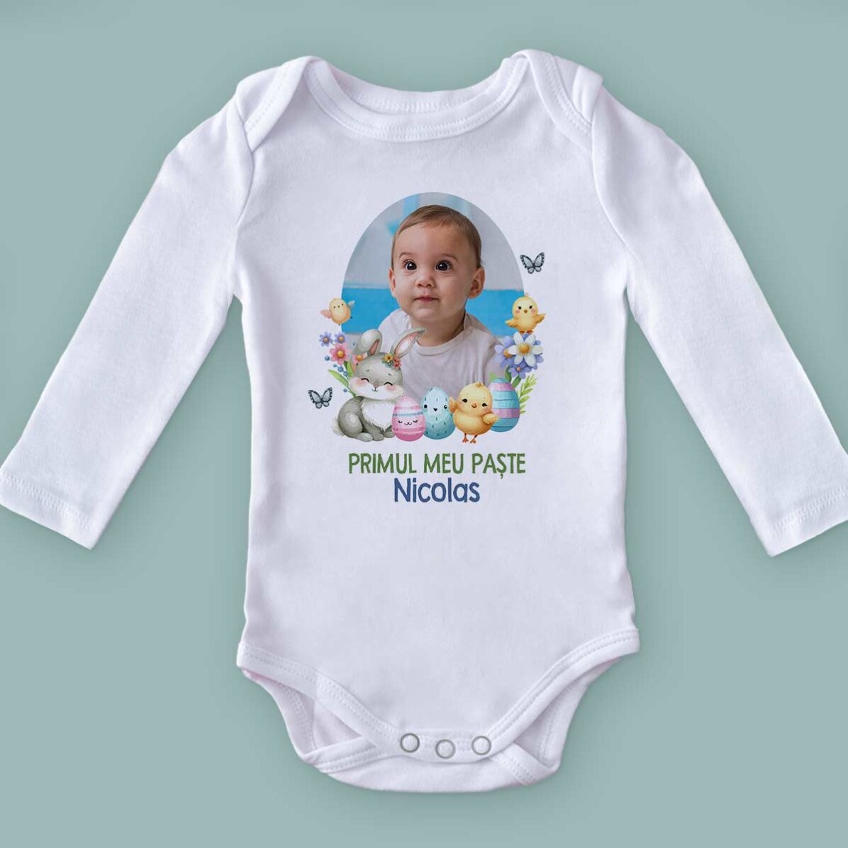 Body para niños personalizado con foto y mensaje: «Mi primera Pascua»