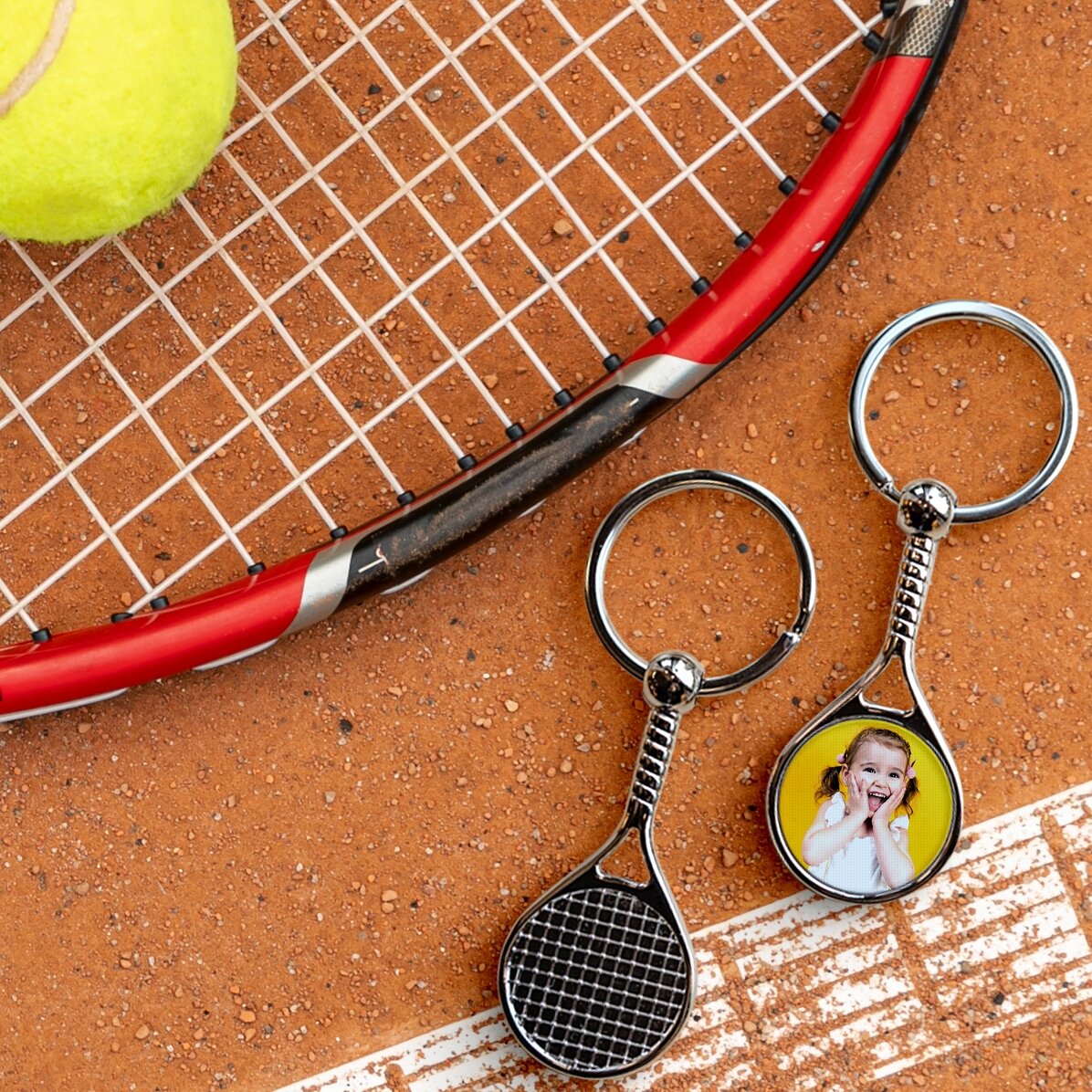 Llavero con forma de raqueta de tenis personalizado con foto - Happy