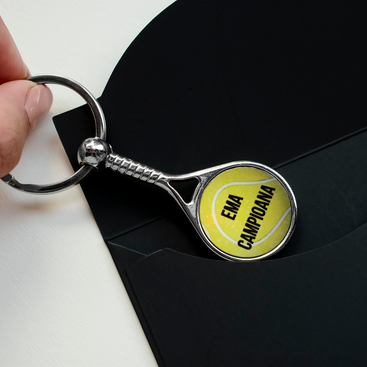 Llavero con forma de raqueta de tenis personalizado con foto - Happy