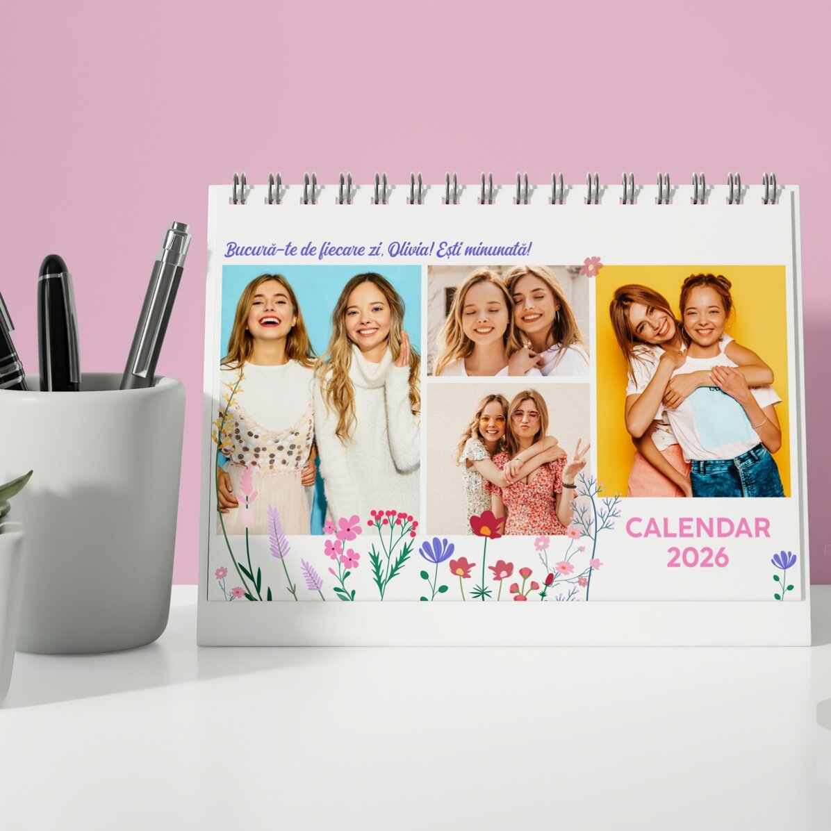 Calendario de mesa personalizado con fotos y texto - Floral