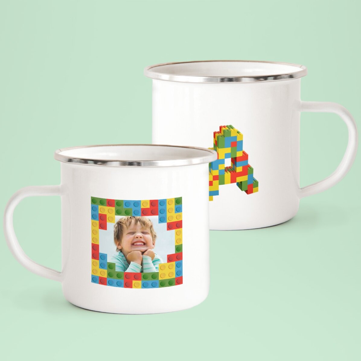 Taza esmaltada personalizada con una foto y una inicial - Lego