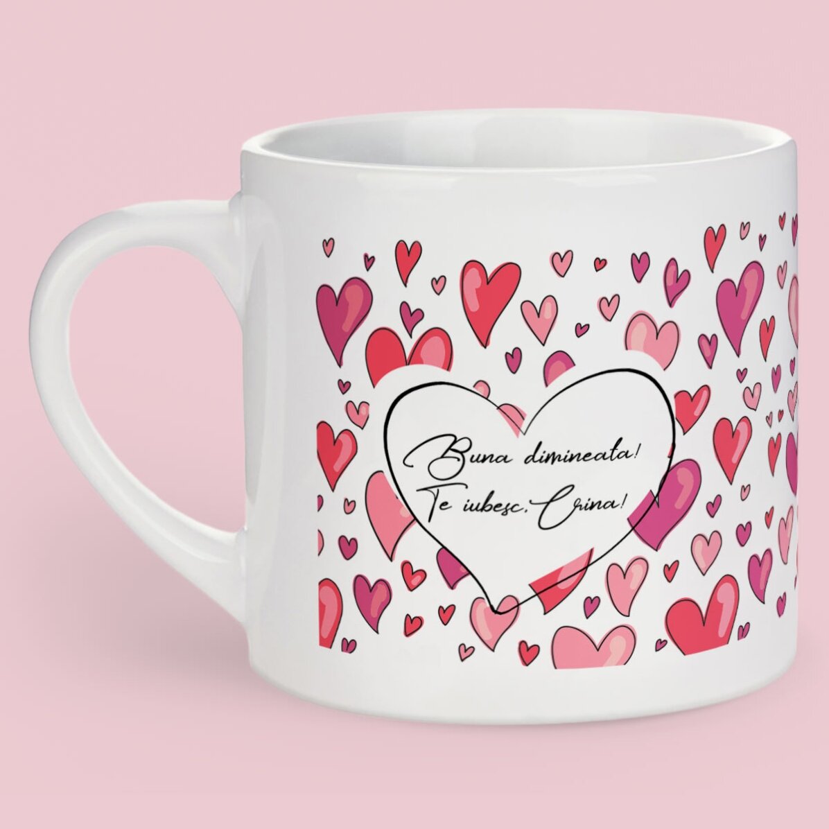 Taza de espresso con forma de corazón, con foto y texto