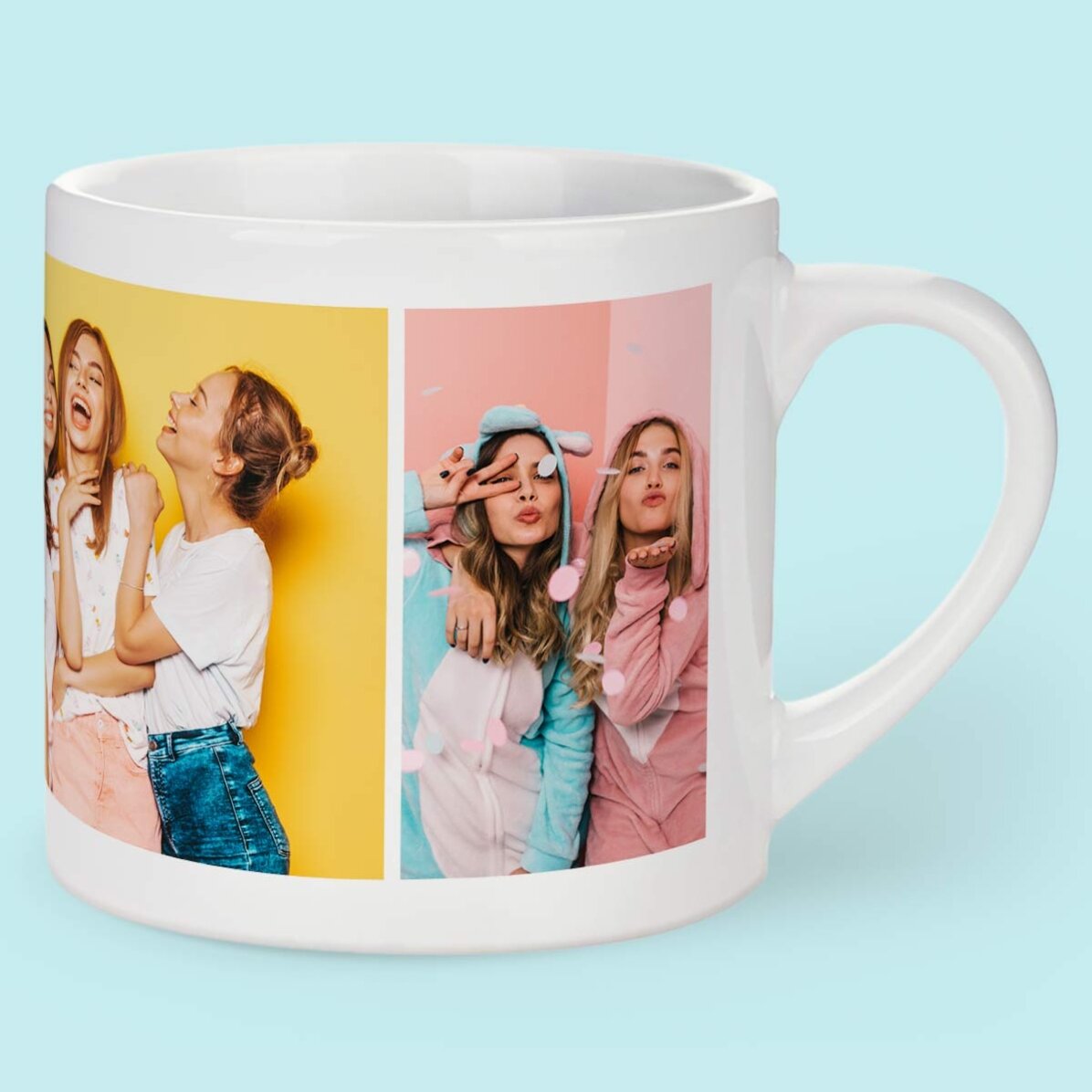 Taza de café espresso personalizada con 5 fotos y texto: los recuerdos más bonitos
