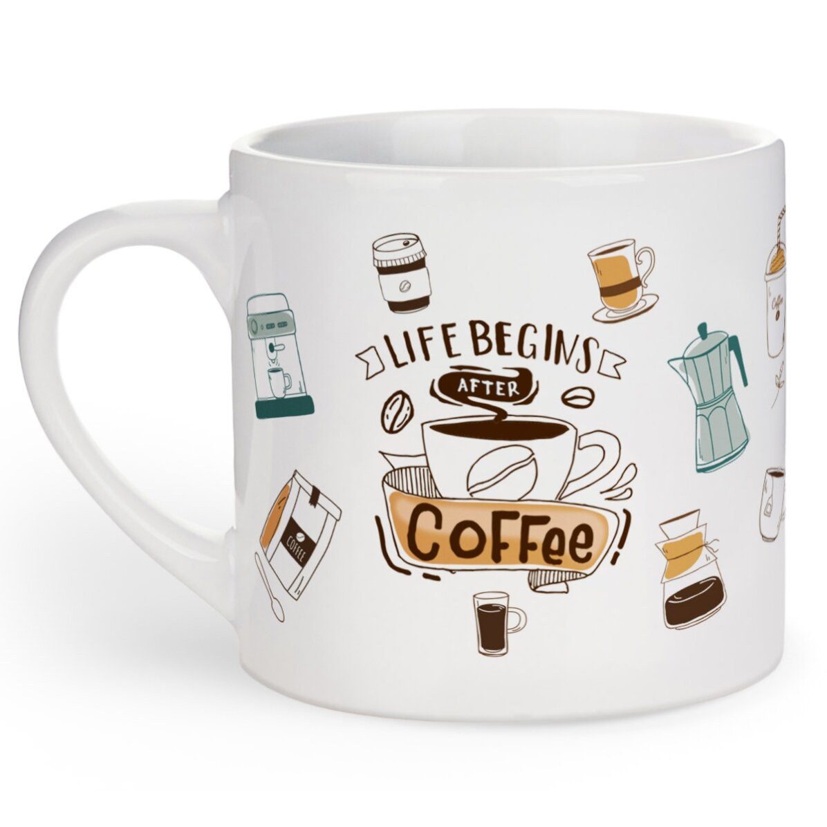 Taza de café espresso personalizada con texto: «La vida empieza después del café»