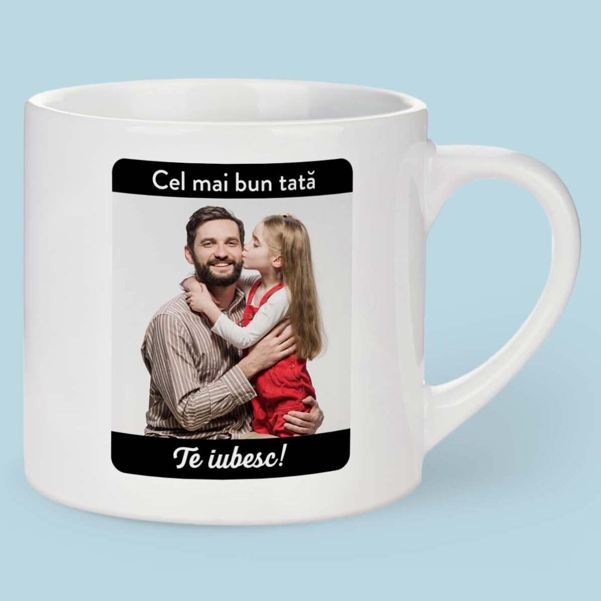 Taza de café espresso personalizada con texto y foto: «Mi héroe»