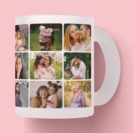 Personalised frosted glass mug with a collage of 18 photos