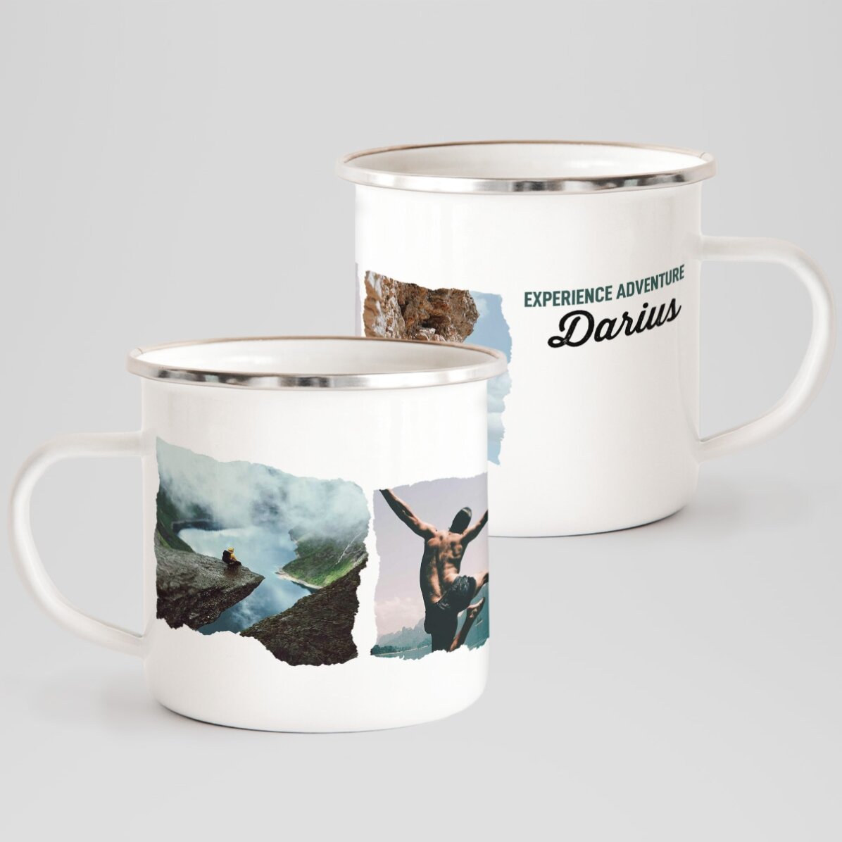 Taza metálica esmaltada con 3 fotos y un mensaje - Experience adventure