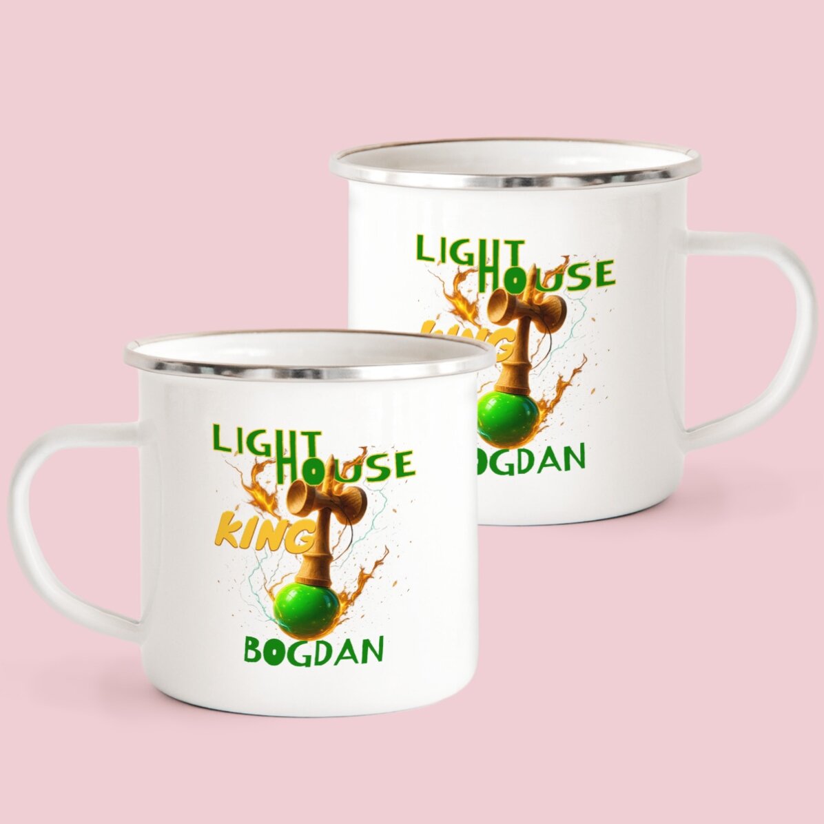 Taza metálica esmaltada con nombre para niños - Lighthouse King