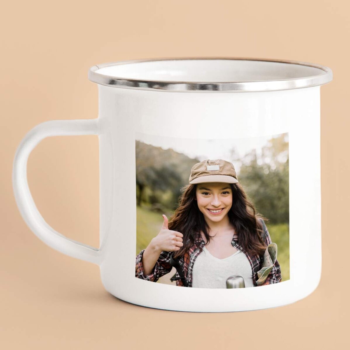 Taza metálica esmaltada personalizada con 2 fotos