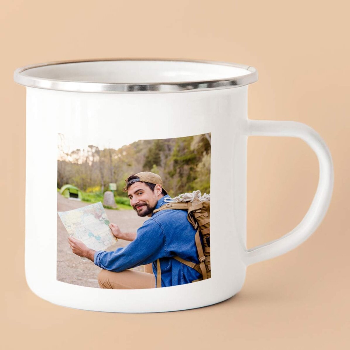 Taza metálica esmaltada personalizada con 2 fotos