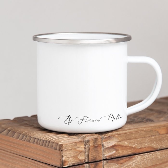 Taza metálica esmaltada personalizada, modelo con firma
