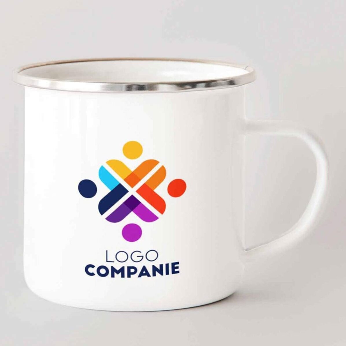 Taza metálica esmaltada personalizada con logotipo en ambos lados