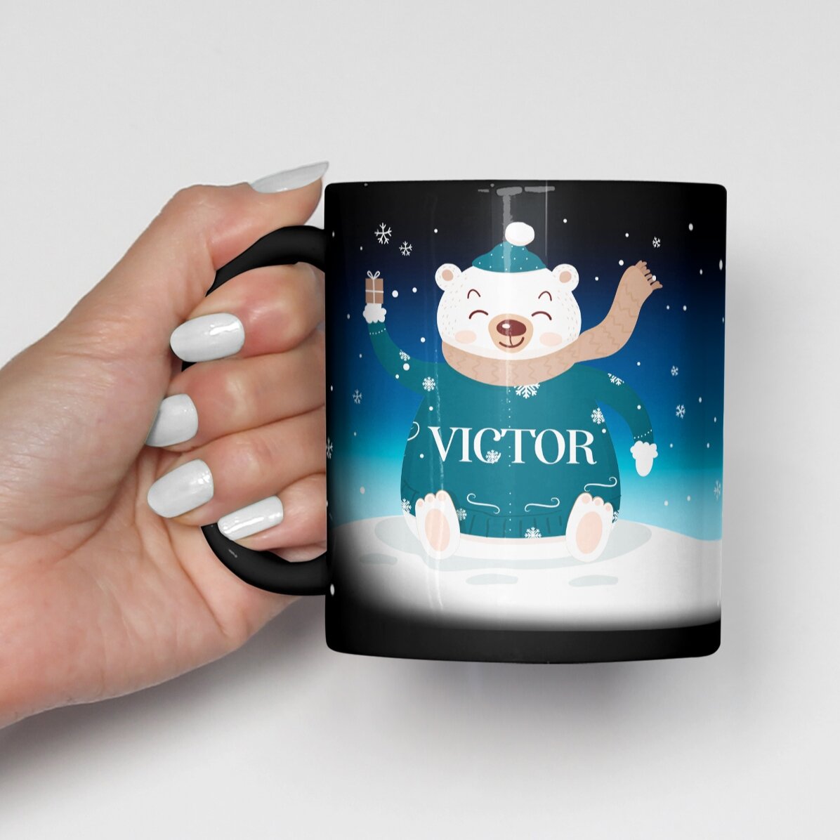Black mug personalised with your name and text - Happy Bear