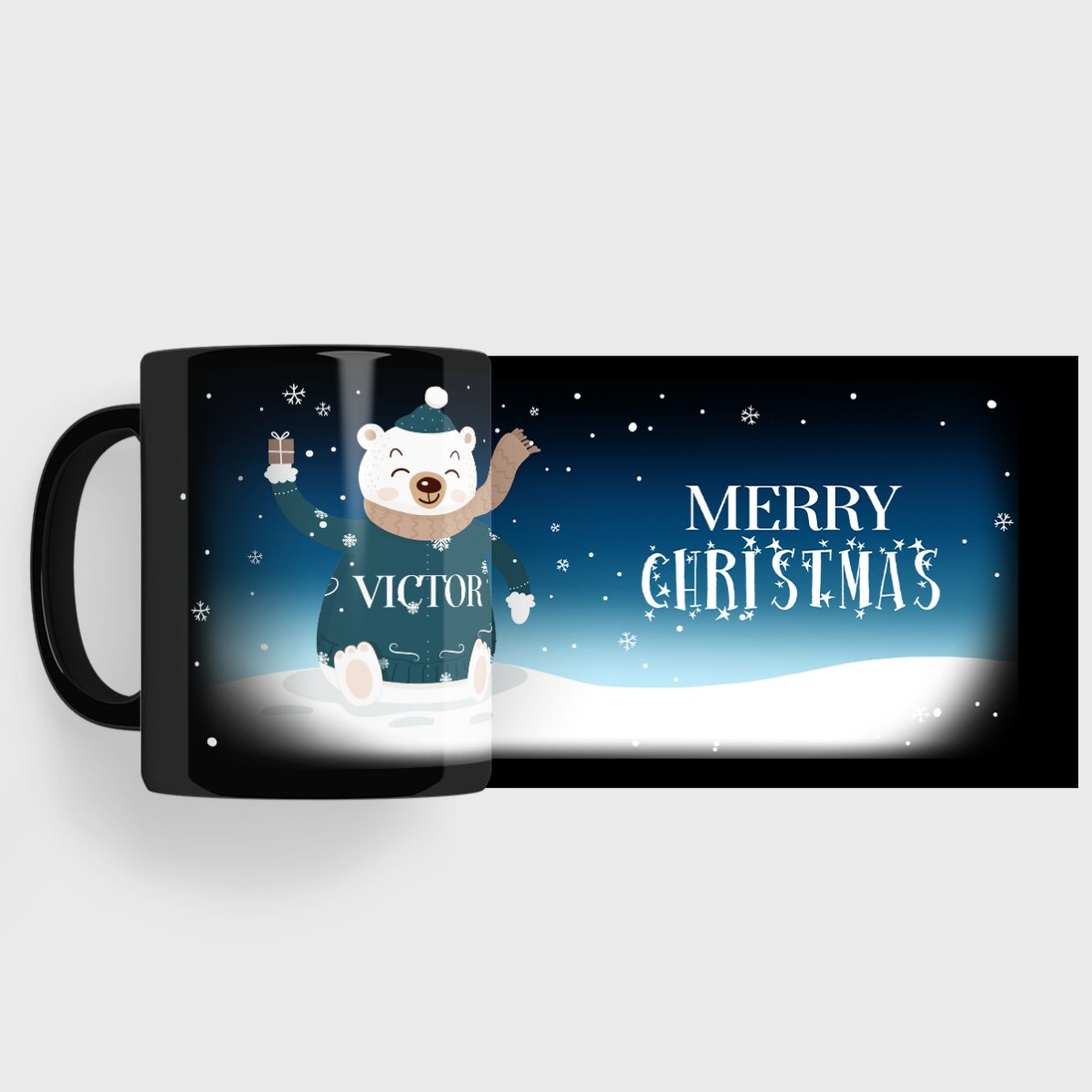 Black mug personalised with your name and text - Happy Bear