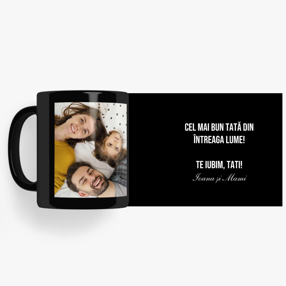 Taza negra personalizada con una foto y un mensaje