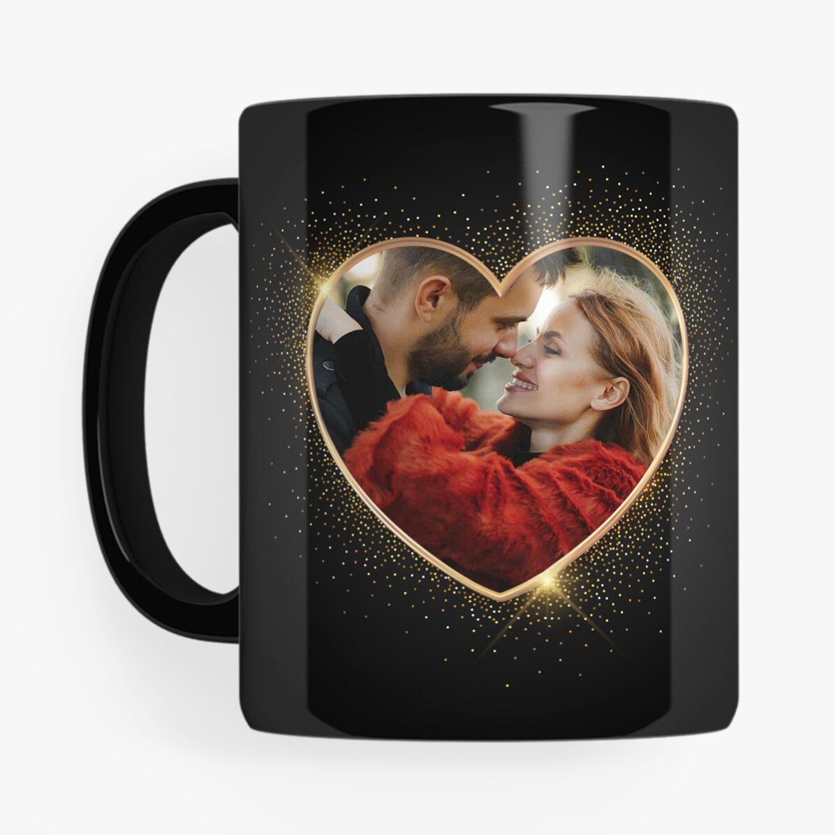 Taza negra personalizada con una foto y un texto: «2 almas»