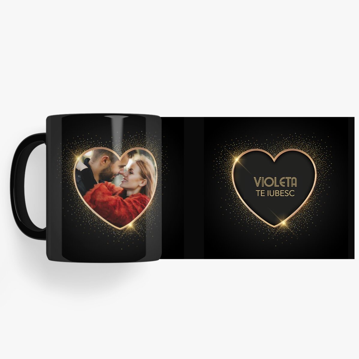 Taza negra personalizada con una foto y un texto: «2 almas»