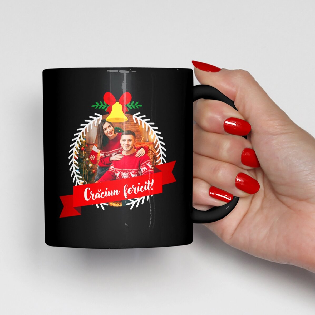 Taza negra personalizada con foto y texto - Merry Christmas