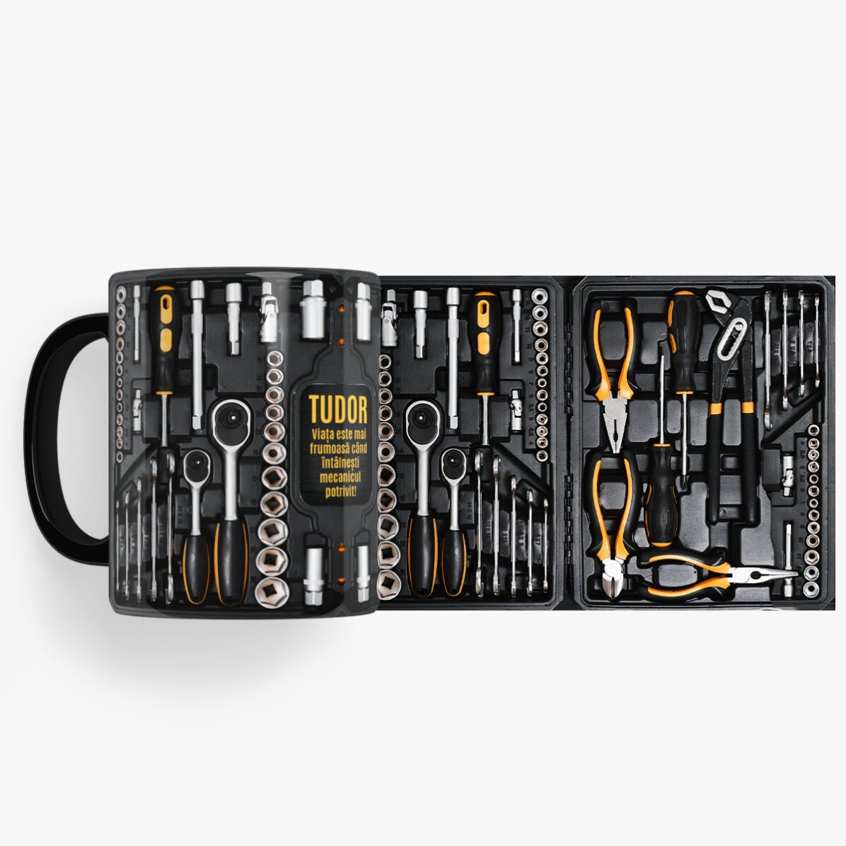 Taza negra personalizada con texto para mecánico