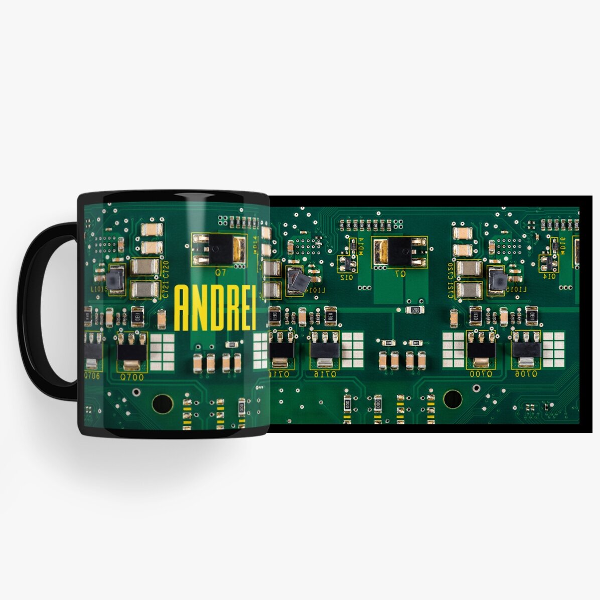 Taza negra personalizada con texto para los apasionados de la electrónica - Motherboard