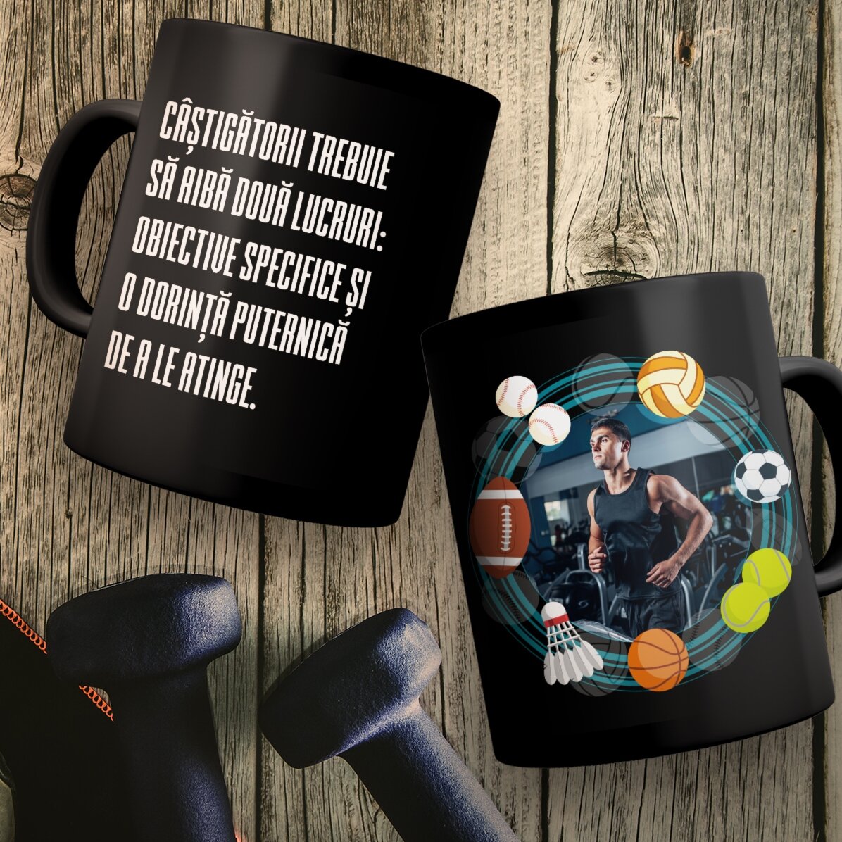 Taza negra personalizada con texto para deportistas