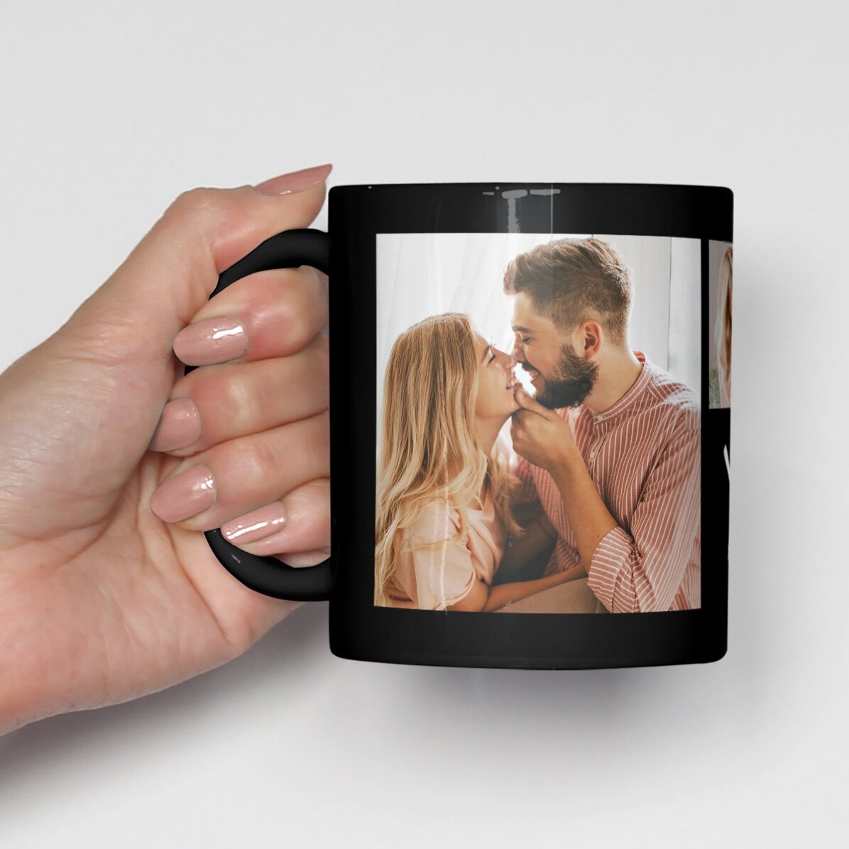 Taza negra personalizada con 3 fotos y texto