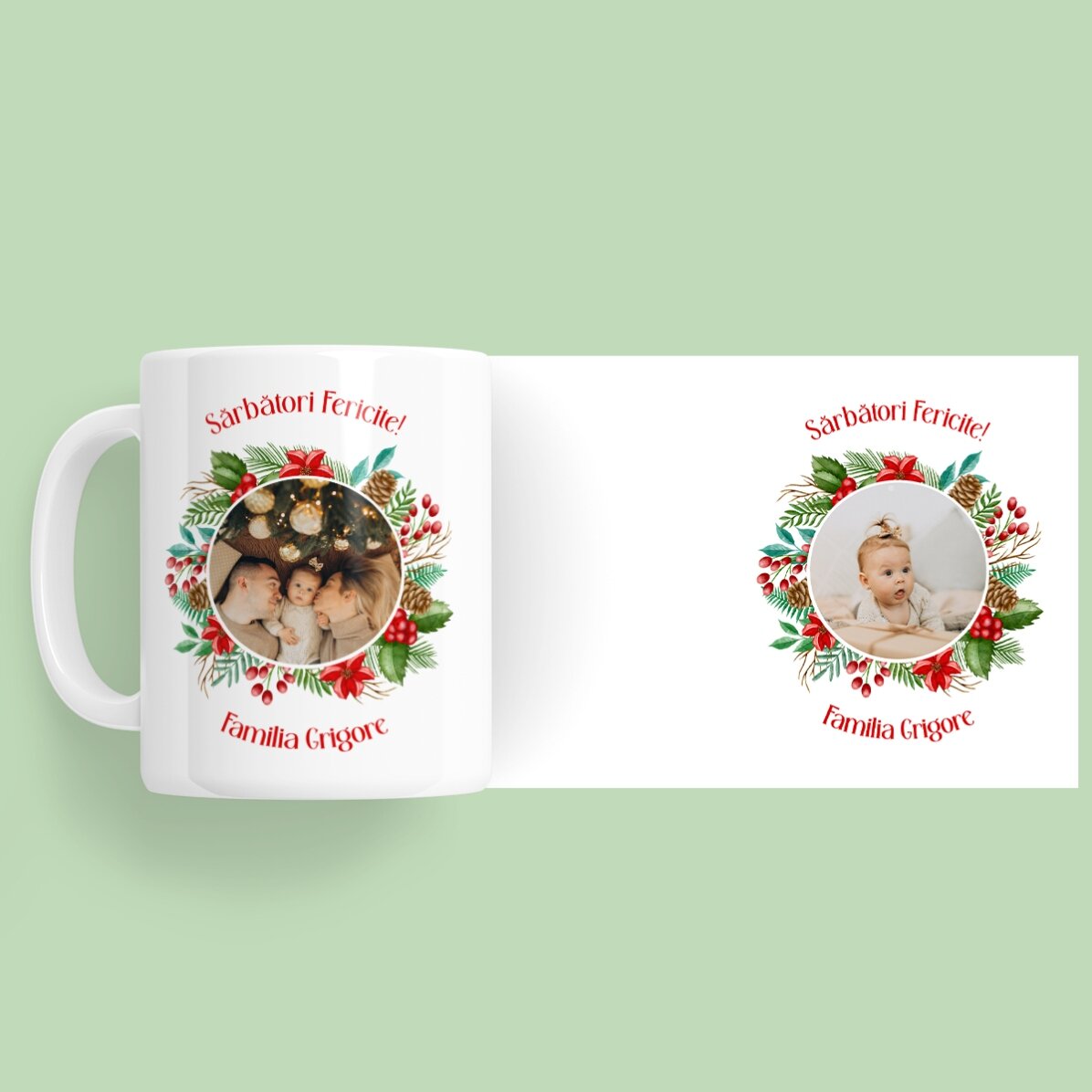 Taza personalizada con 2 fotos y un mensaje: ¡Felices fiestas!