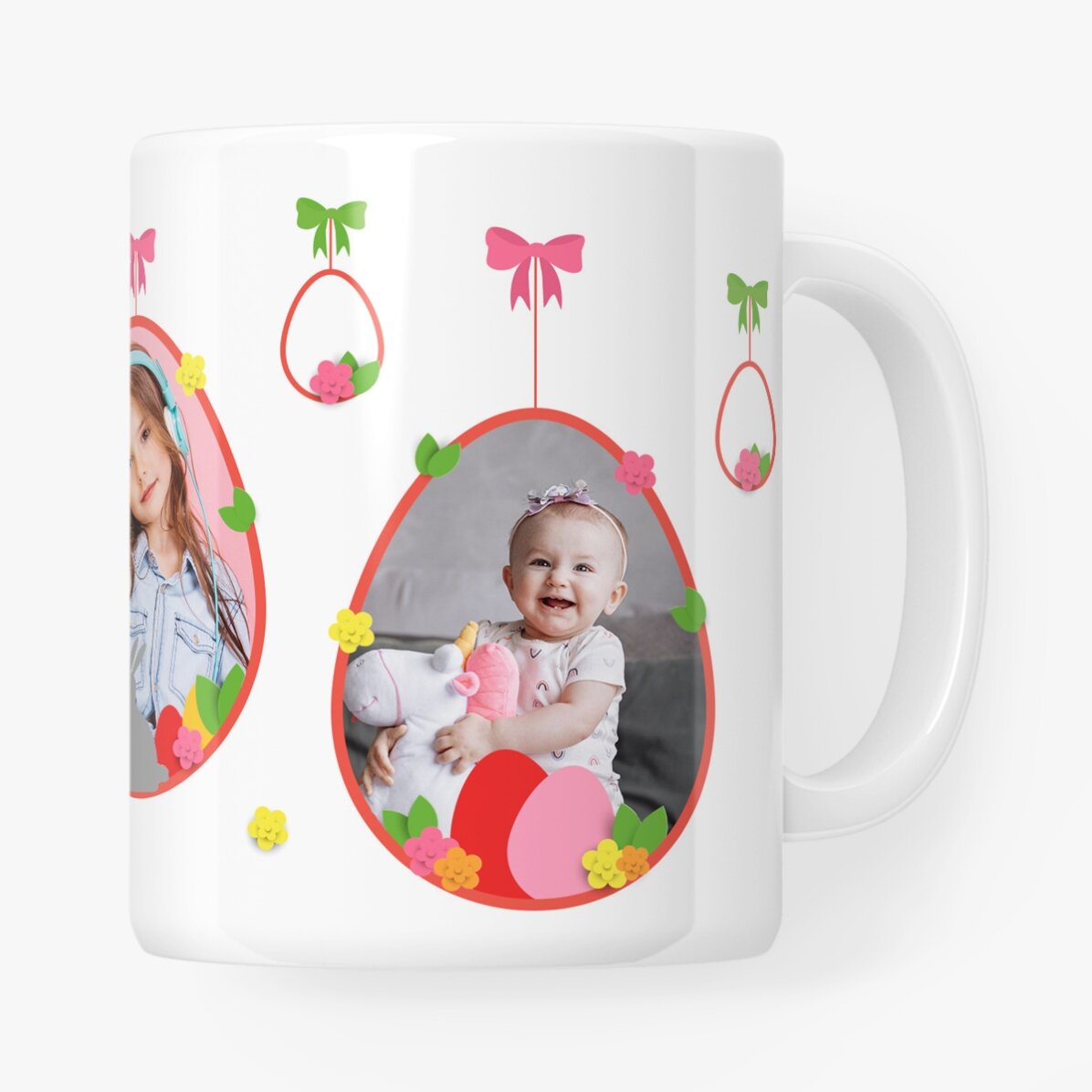 Taza personalizada con 2 fotos y texto: «Feliz Pascua»