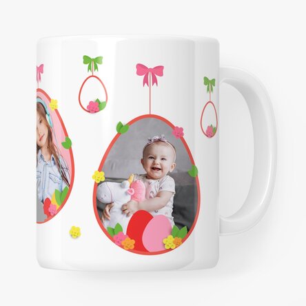 Taza personalizada con 2 fotos y texto: «Feliz Pascua»