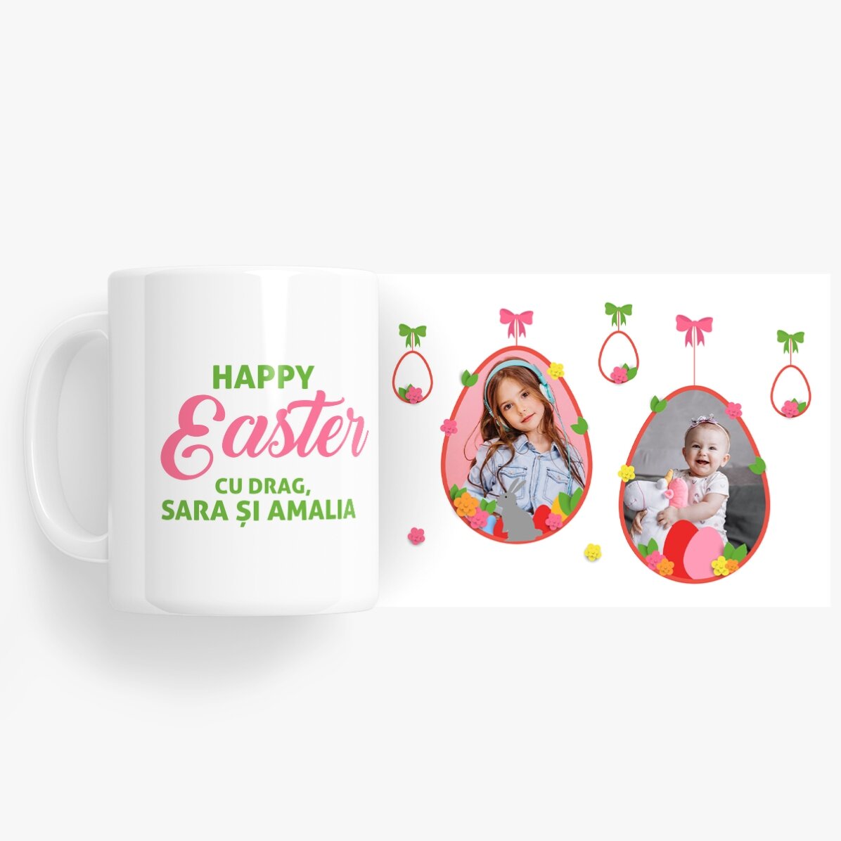 Taza personalizada con 2 fotos y texto: «Feliz Pascua»