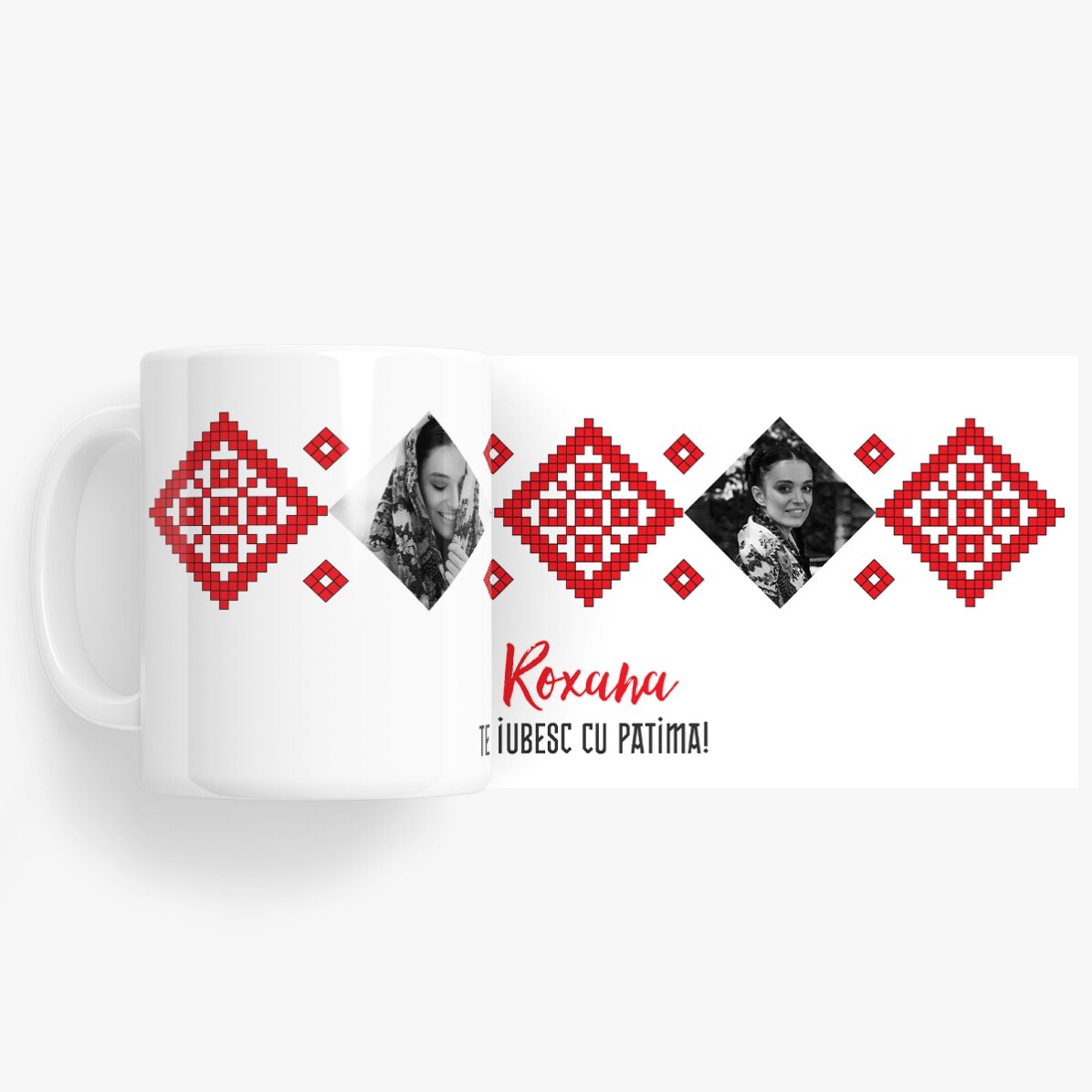 Taza personalizada con 2 fotos y texto: «¡Te quiero con pasión!»