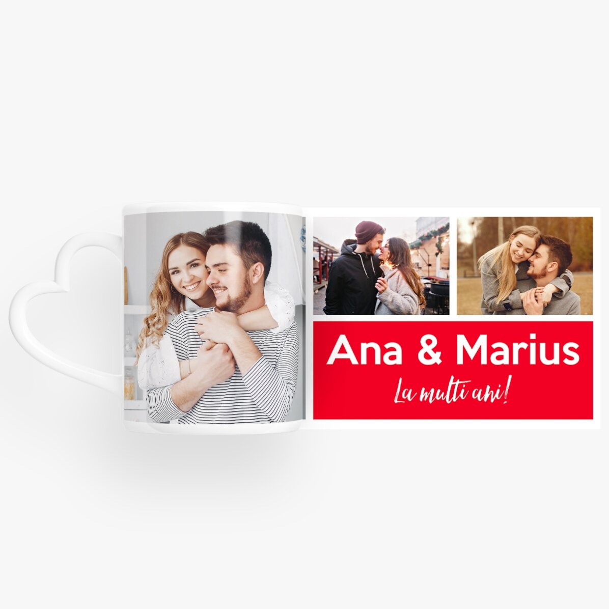 Taza personalizada con 3 fotos y texto - modelo con asa en forma de corazón