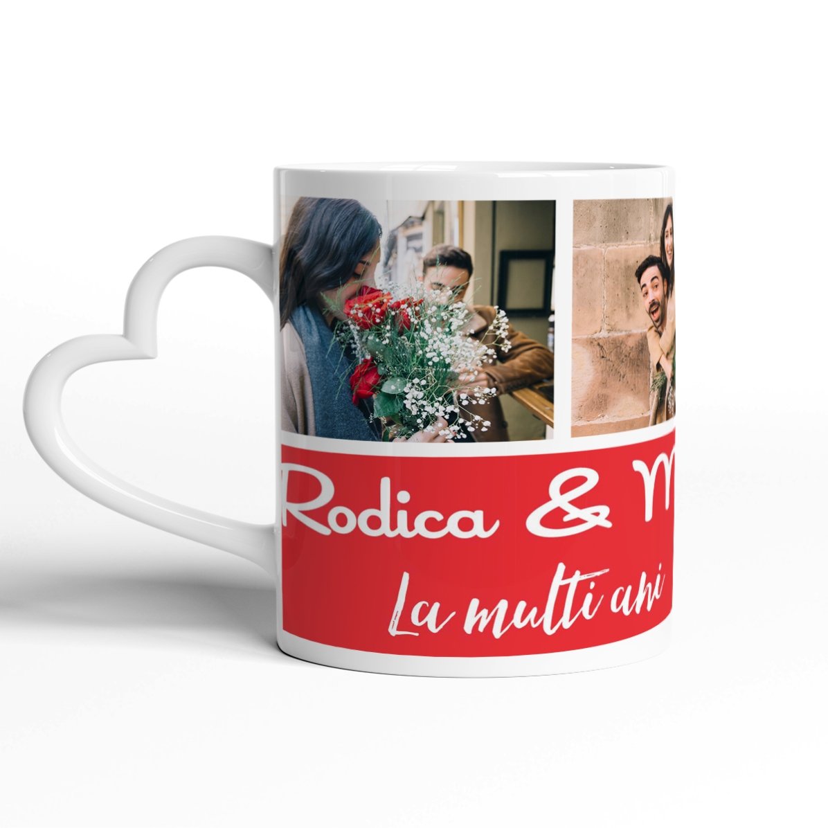 Taza personalizada con 3 fotos y texto - modelo con asa en forma de corazón