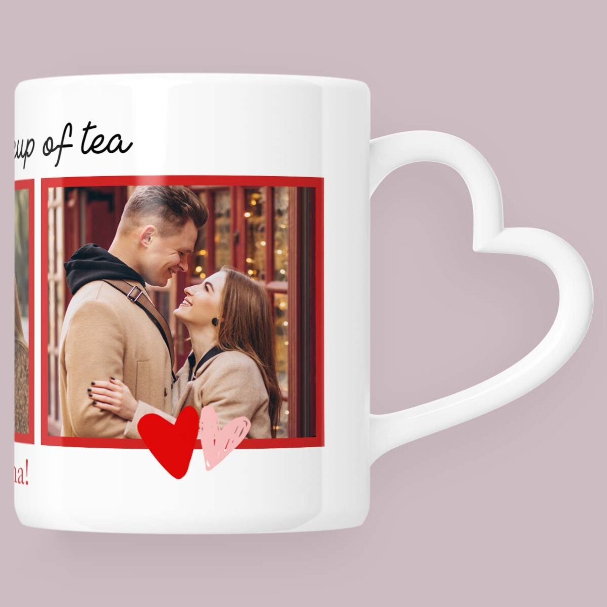 Taza personalizada con 3 fotos y texto - «My favorite» - modelo con asa en forma de corazón