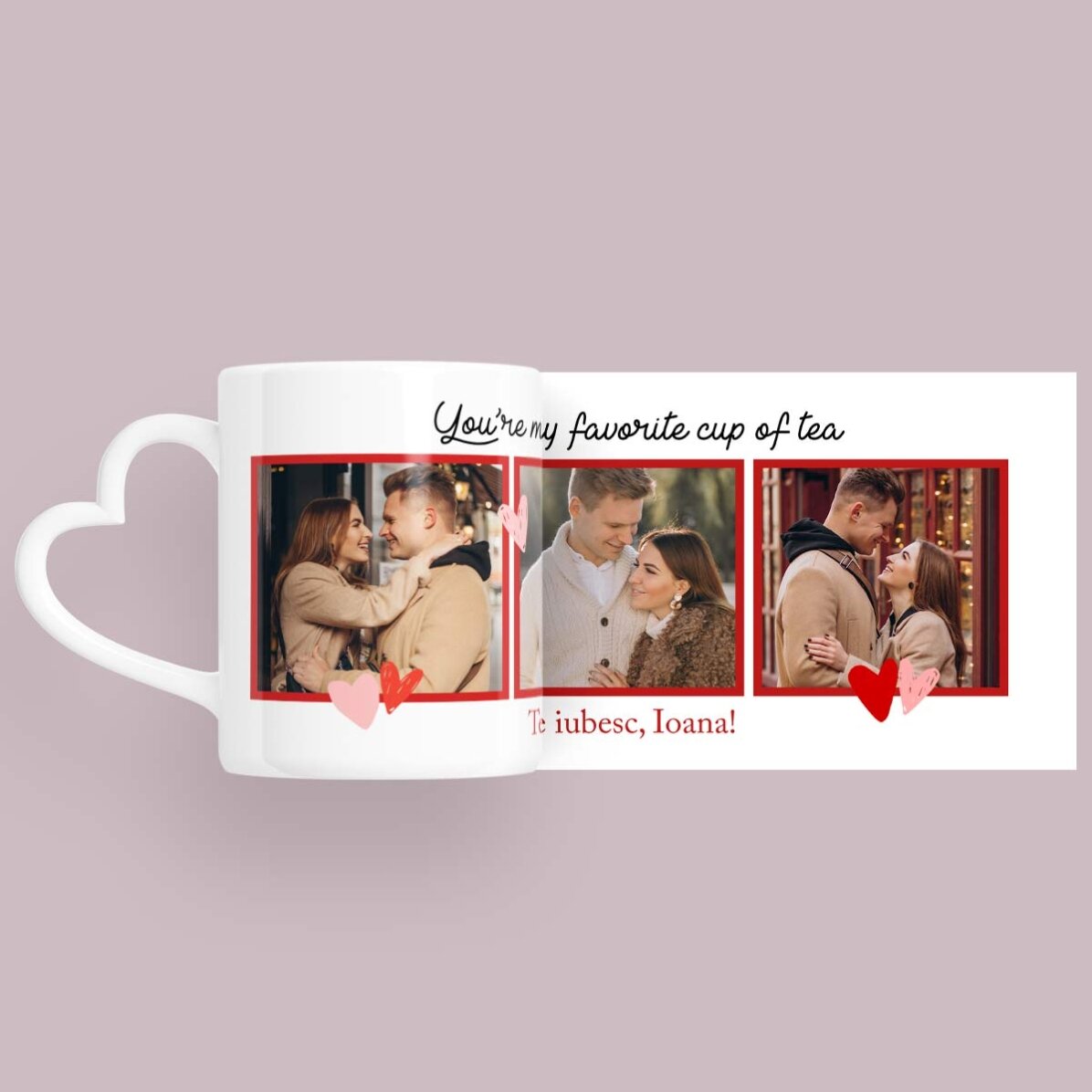 Taza personalizada con 3 fotos y texto - «My favorite» - modelo con asa en forma de corazón