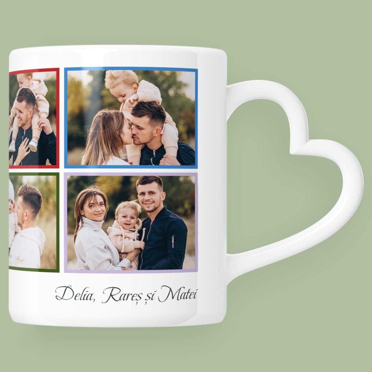 Taza personalizada con 8 fotos y texto - modelo con asa en forma de corazón