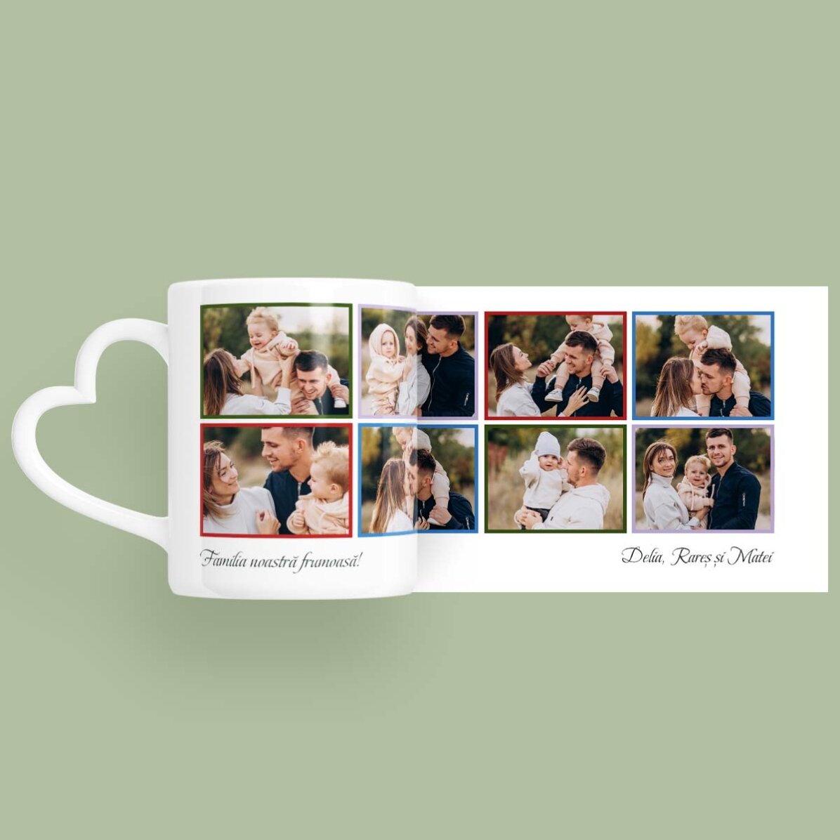 Taza personalizada con 8 fotos y texto - modelo con asa en forma de corazón