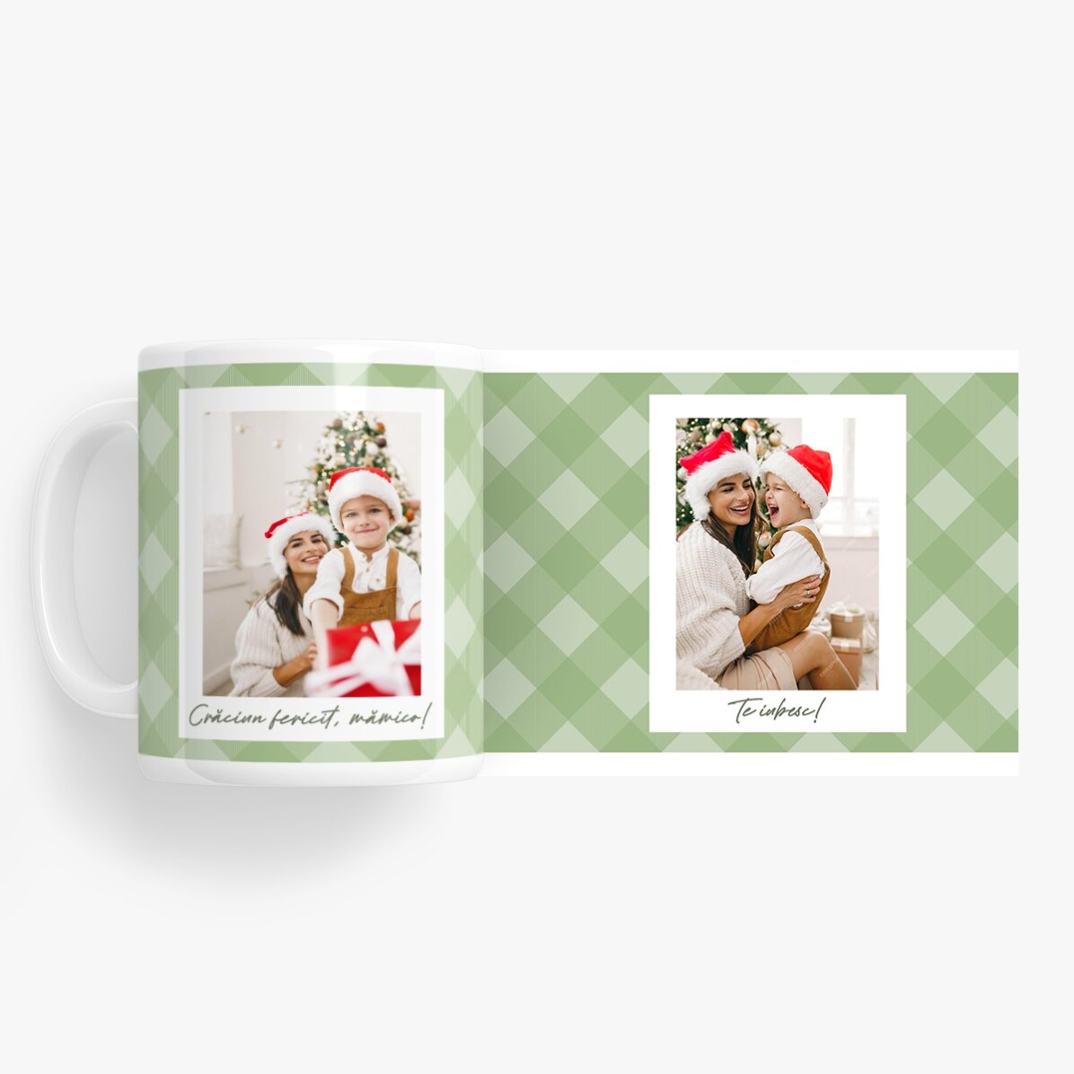 Taza personalizada con dos fotos y texto - Cuadros verdes