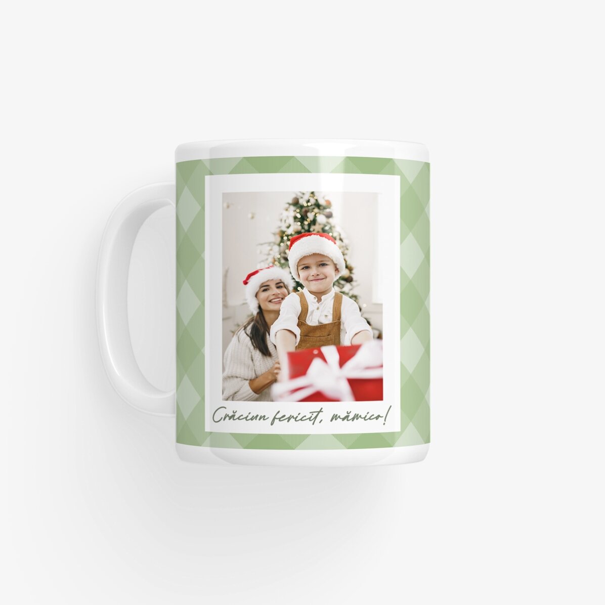 Taza personalizada con dos fotos y texto - Cuadros verdes