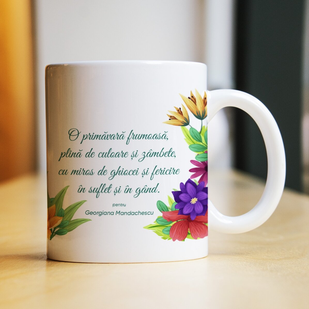 Taza personalizada con logotipo y texto - Flores de primavera