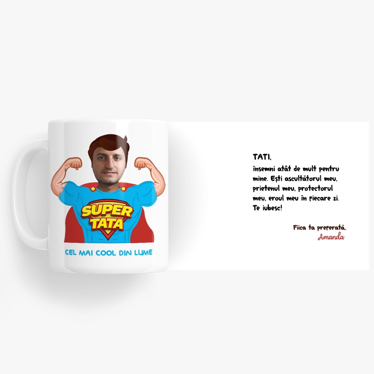 Taza personalizada con una foto y un mensaje: «Papá, mi héroe»