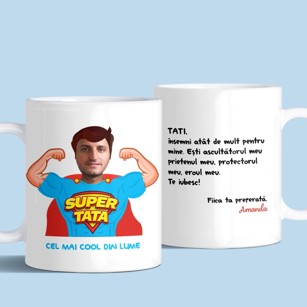 Taza personalizada con una foto y un mensaje: «Papá, mi héroe»