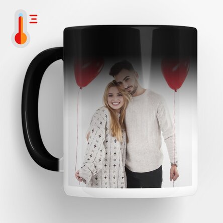 Personalised heat-sensitive mug with a photo and text