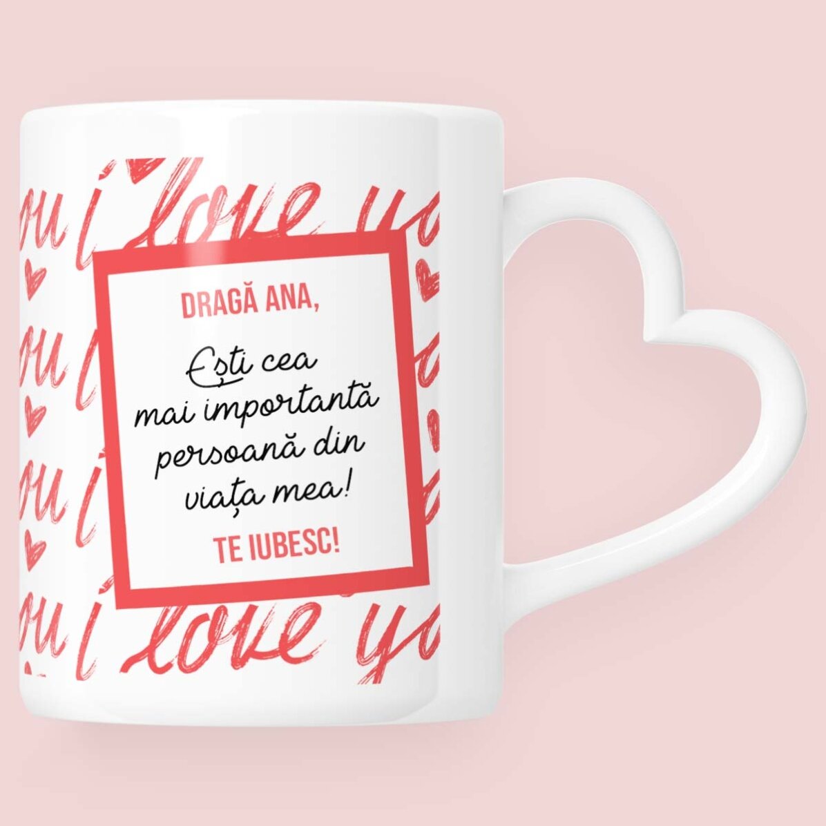 Taza personalizada con foto y texto - ¡Te quiero! - modelo con asa en forma de corazón