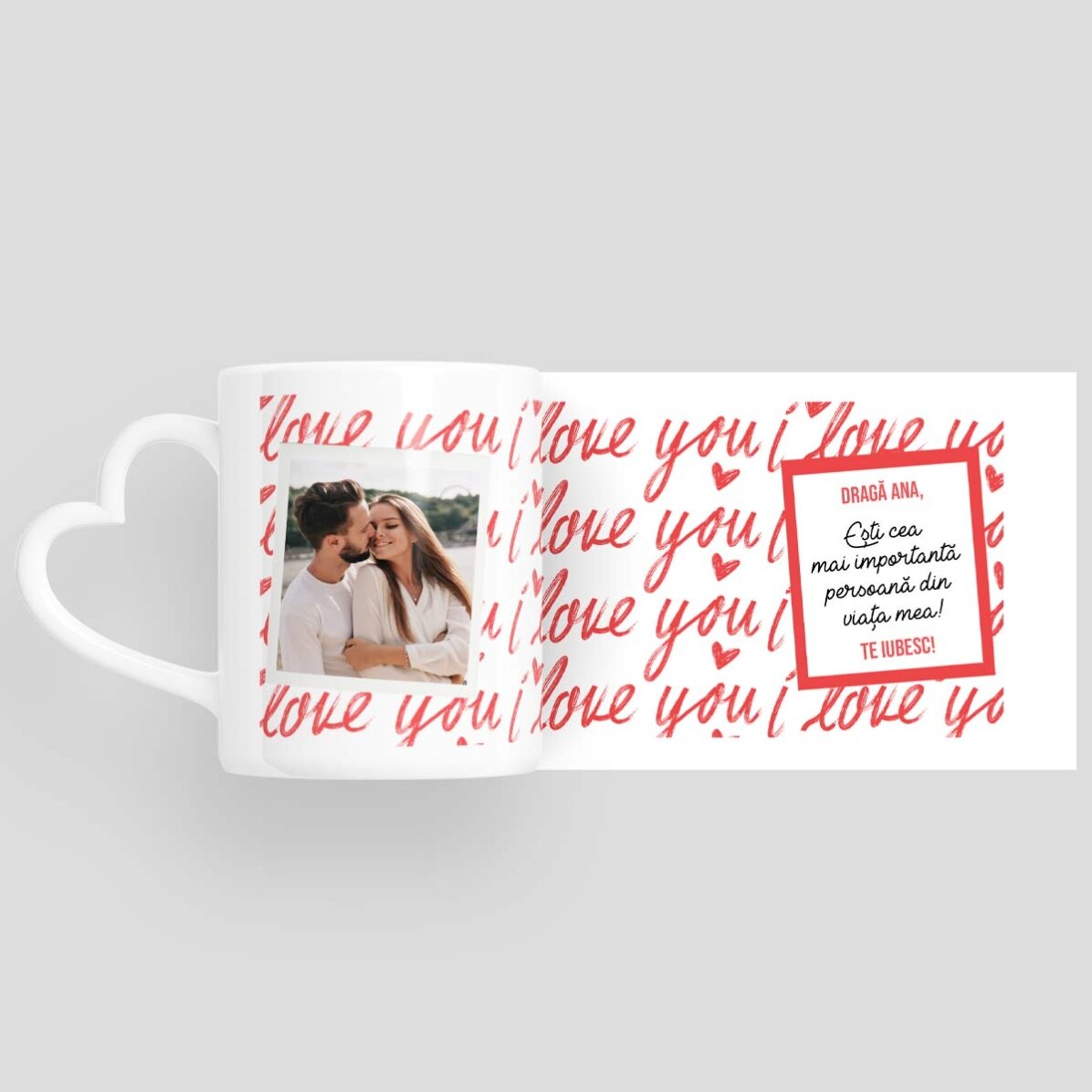 Taza personalizada con foto y texto - ¡Te quiero! - modelo con asa en forma de corazón