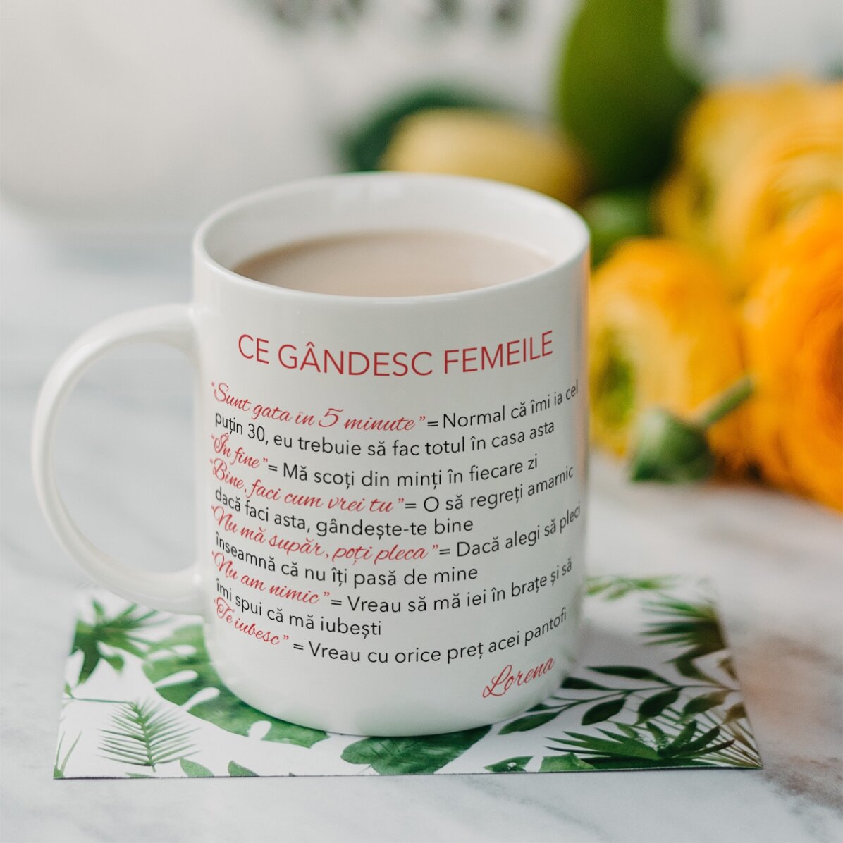 Taza personalizada con texto: «Lo que piensan las mujeres»