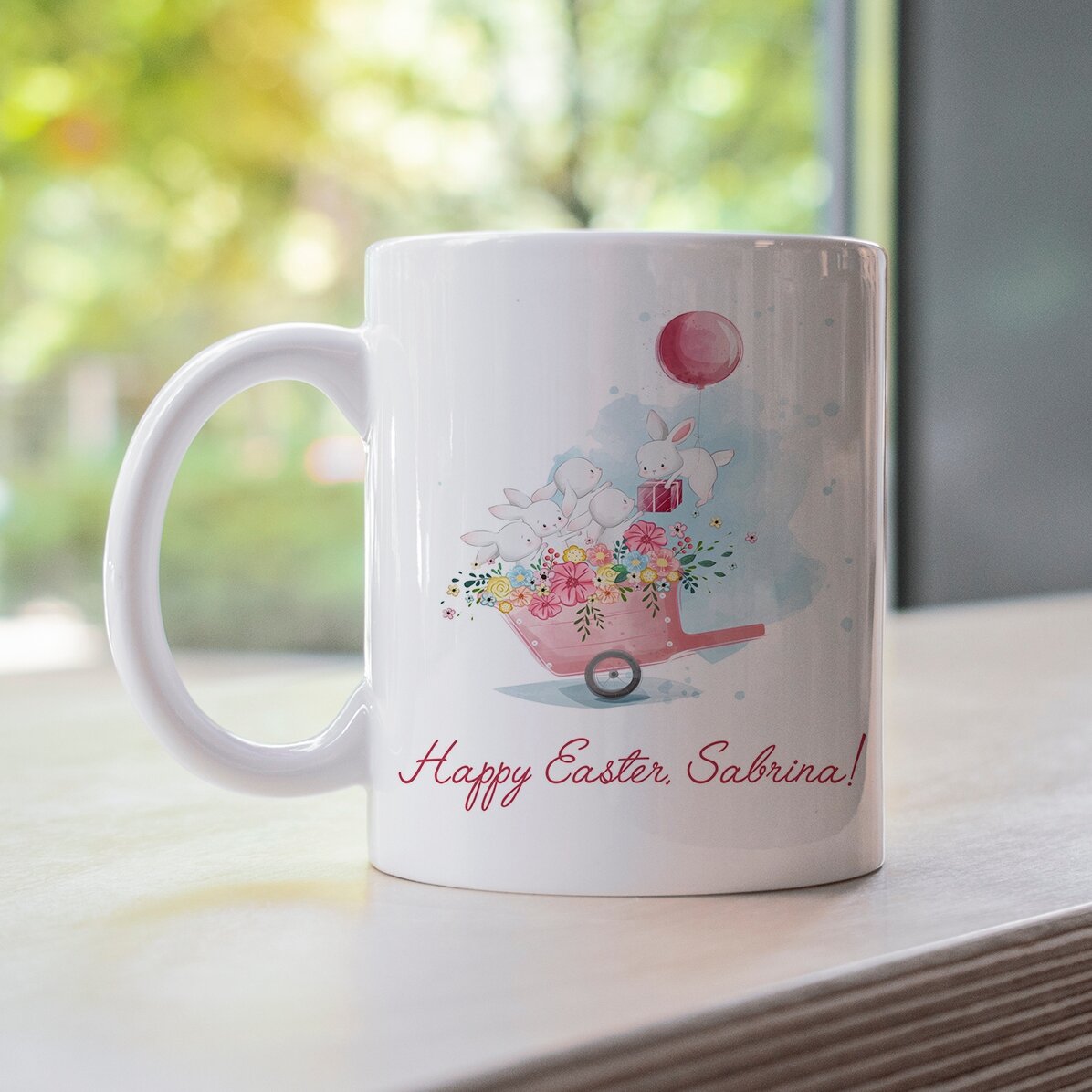 Taza personalizada con texto: «Conejitos alegres»