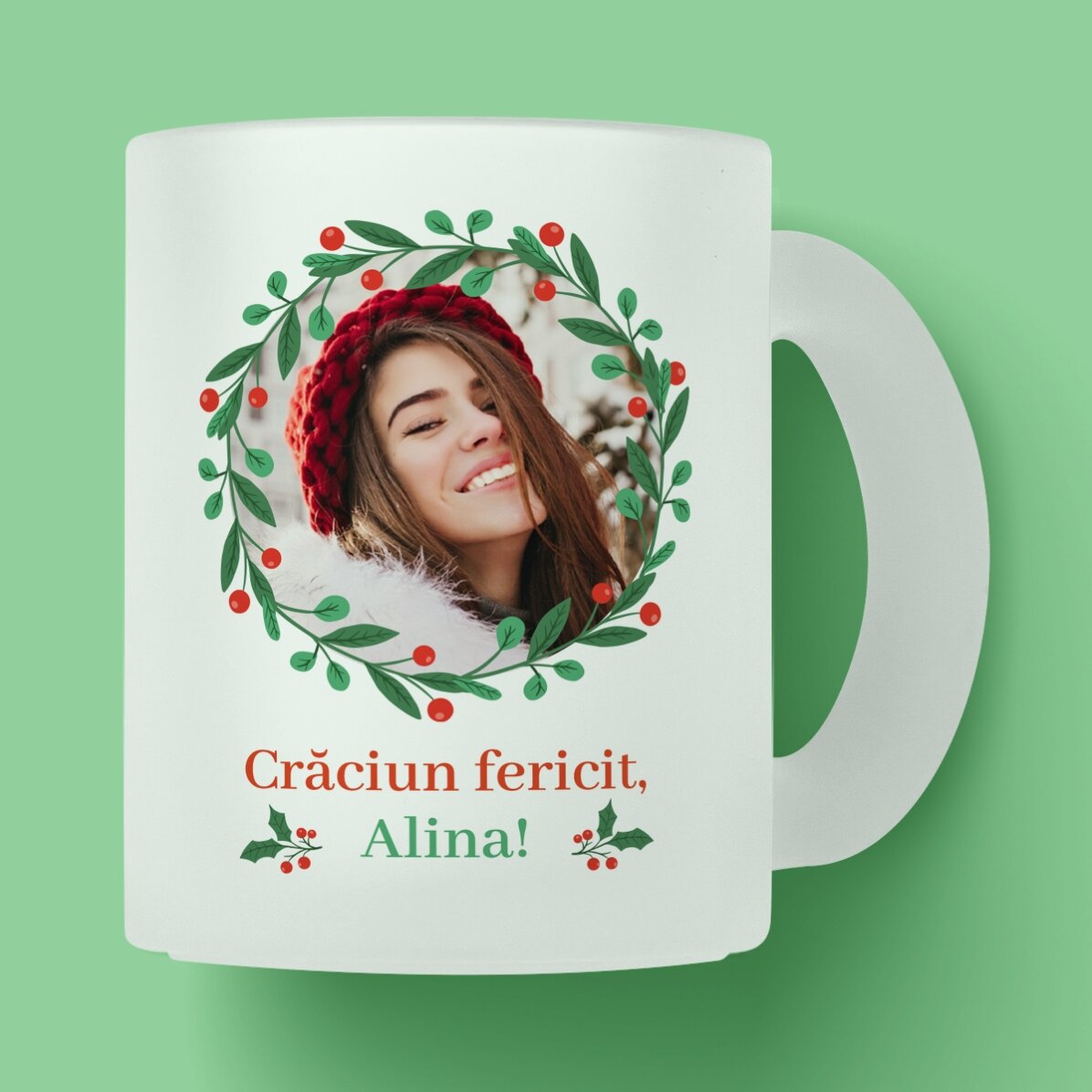 Taza de cristal mate personalizada con texto y foto: ¡Feliz Navidad!