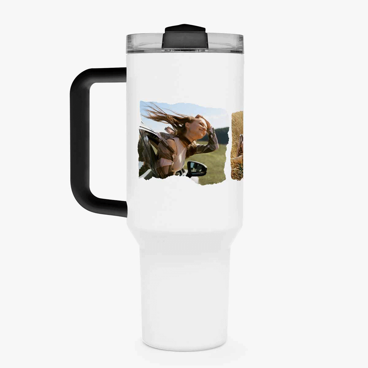 Thermos mug with handle and straw, personalised with 3 photos and text - Experience adventure
