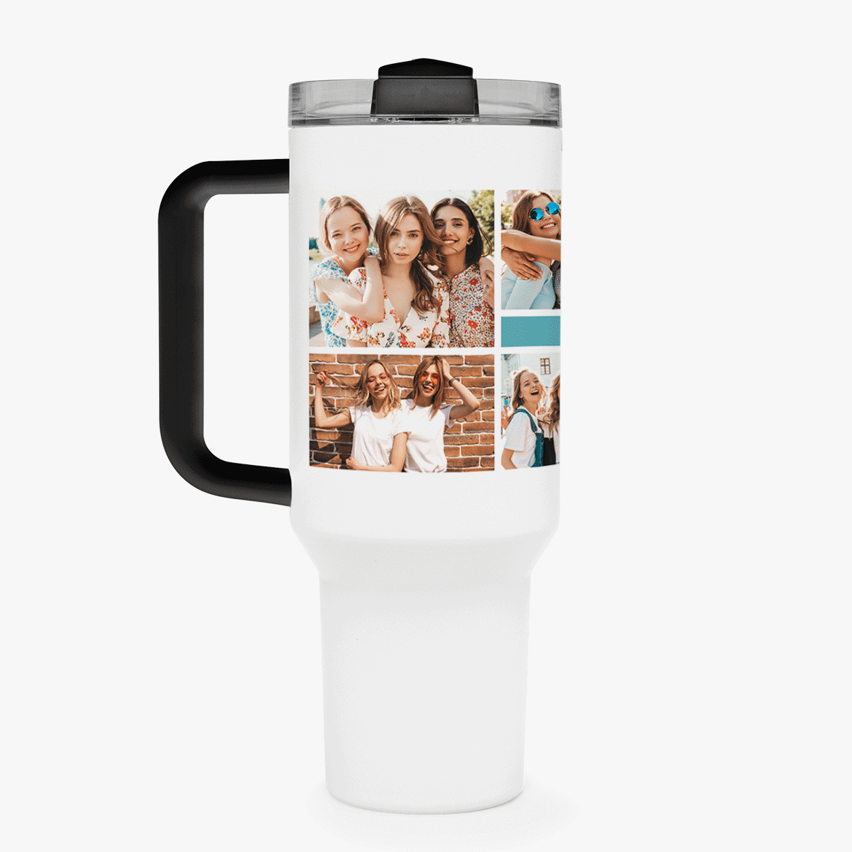 Taza termo con asa y pajita, personalizada con un collage de fotos y un mensaje